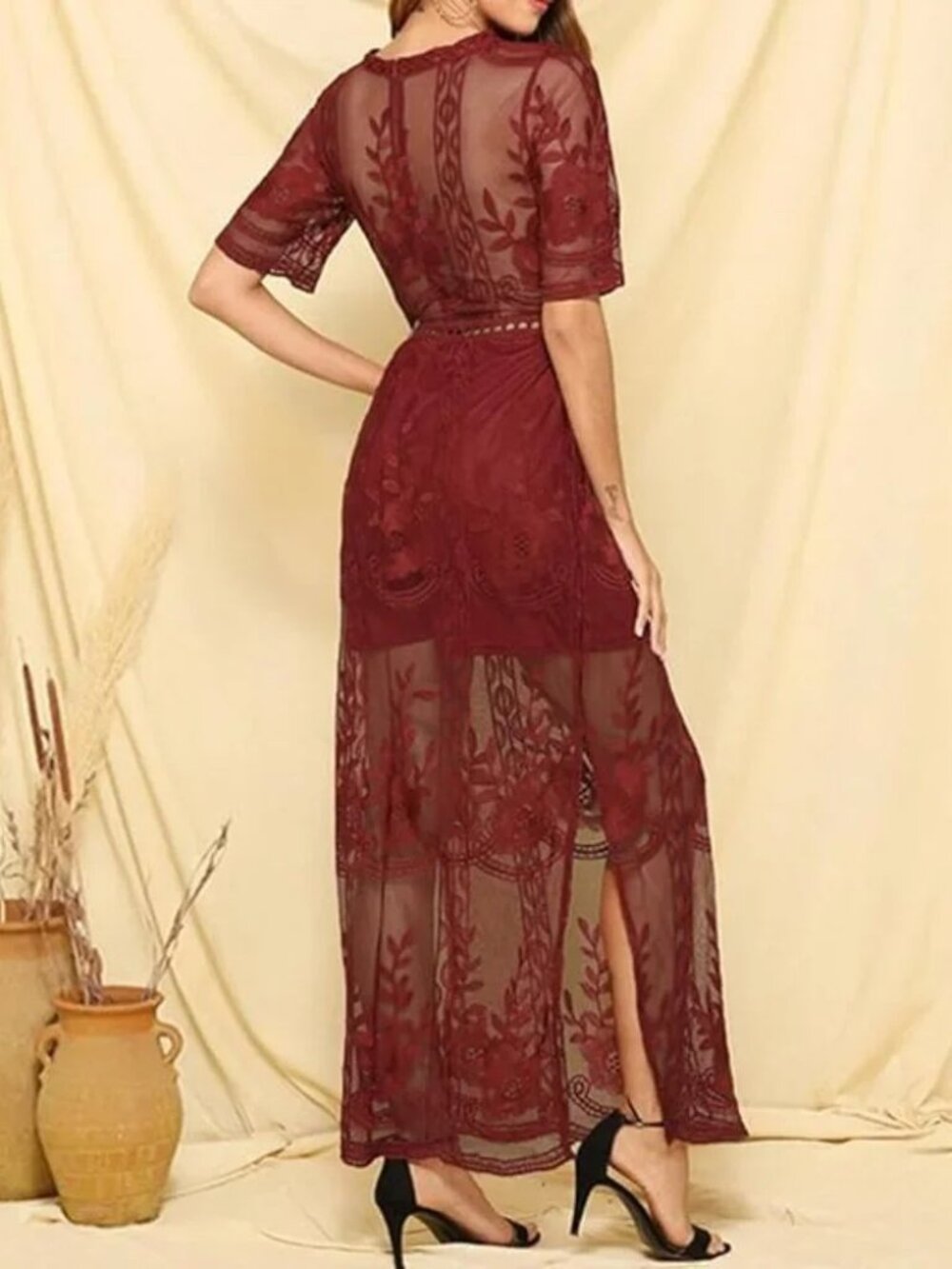 Eleter Red Embroidered Lace Overlay Maxi Dress L - Picture 8 of 9